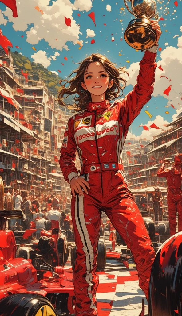 ((Best Quality, 8k, masterpiece: 1.3)), sharp concentration: 1.2,, Suzuki Hideto's painting style 、 Formula 1 racing,  scuderia Ferrari、Female Driver、Monaco Grand Prix  、 championship trophy、Podium、Champagne Fight