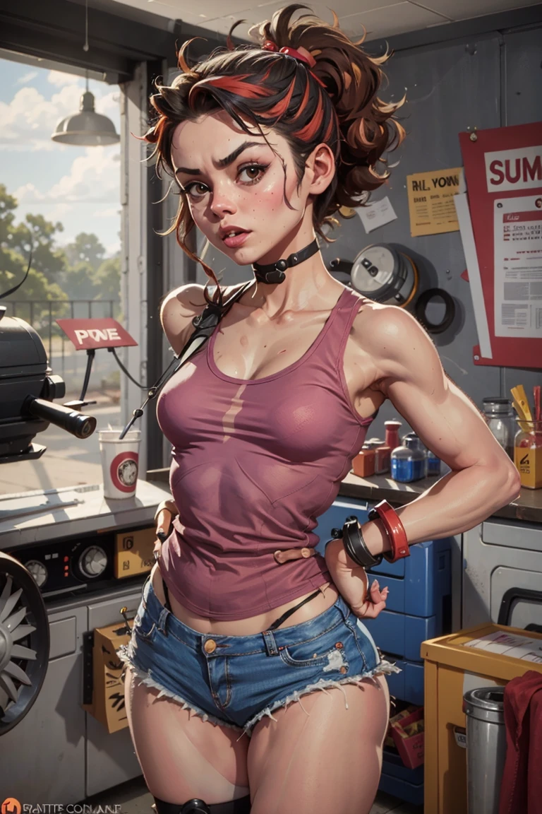 a hyper-realistic portrait of a young woman, under a tree, inside a forest, in the middle of nature, 22 years old, realistic, (lying on her side), sexy, (huge breasts 2:1), short brown hair, (hair tied with bows), curved, SFW