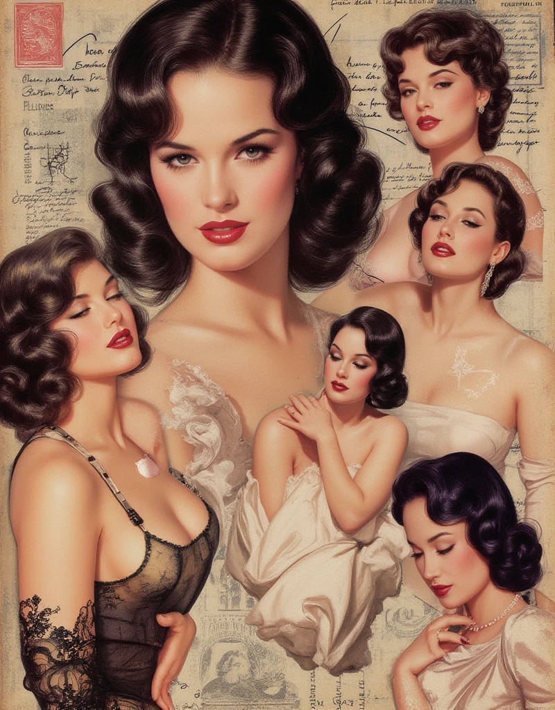  Women Collage Art、Retro Pin Up Girl Stickers、charming expression、Sensual Poses、Retro Pin Up Girl Style、Glamorous Makeup、Luxurious Outfits、 gorgeous hairstyle、sensual vibe、retro collage art、Vintage Postcard Style、Pop Art  Finish、Gravure Photobook-like Composition、Clustered Compositions、cut and paste、Grunge Textures、odbe, SFW