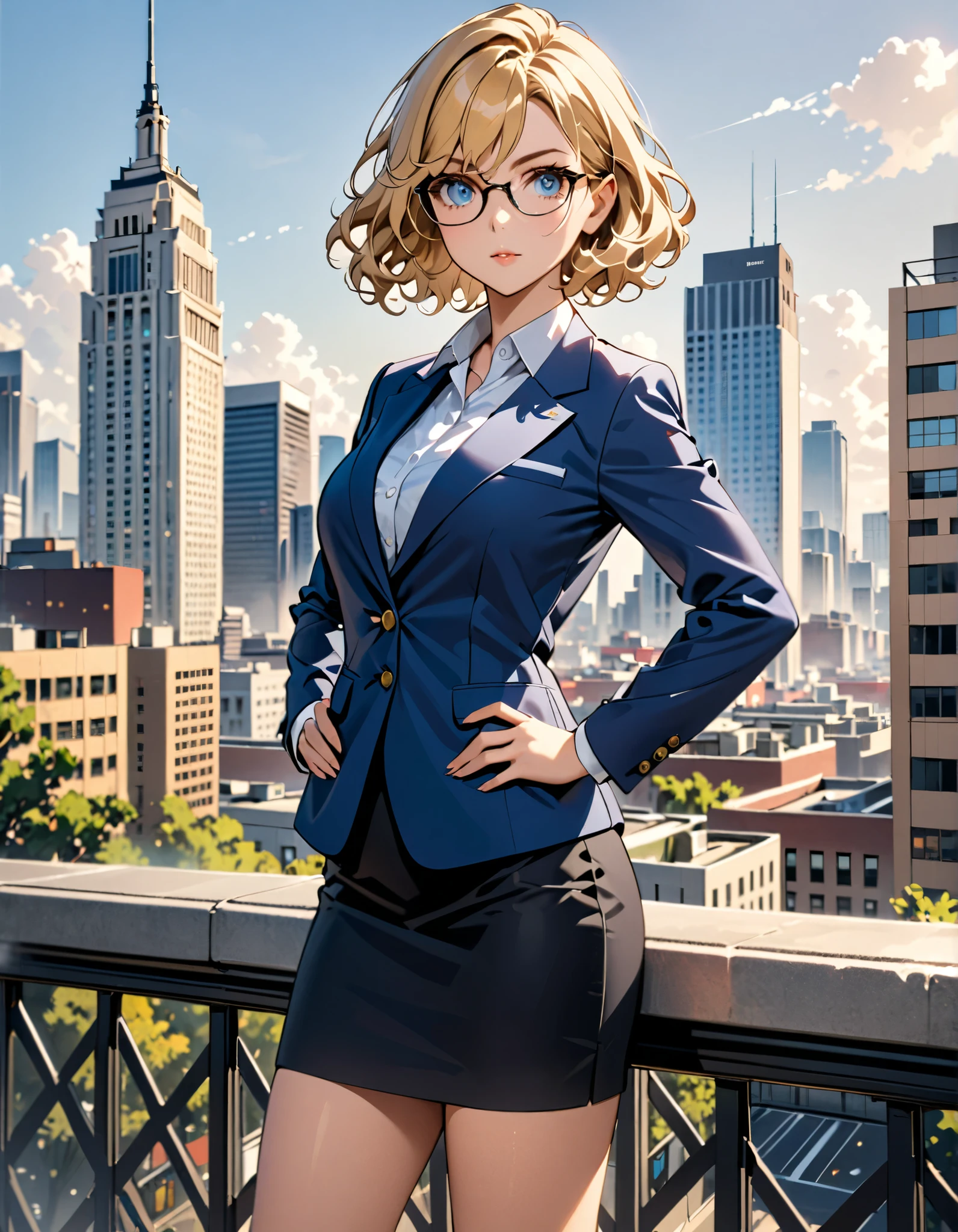 masterpiece, best quality, hires, 1girl, ??????????????, blue formal suit jacket, white collared shirt, skirt, pencil skirt, ???? legs, (glasses), black shoes, city backdrop, solo, single, hands on hip, standing, full body shot, cowboy shot, beautiful detailed eyes, beautiful detailed face, blonde hair, (short hair), wavy hair, high school backdrop, outdoors, mature lady, teacher, perfect body, good proportions
