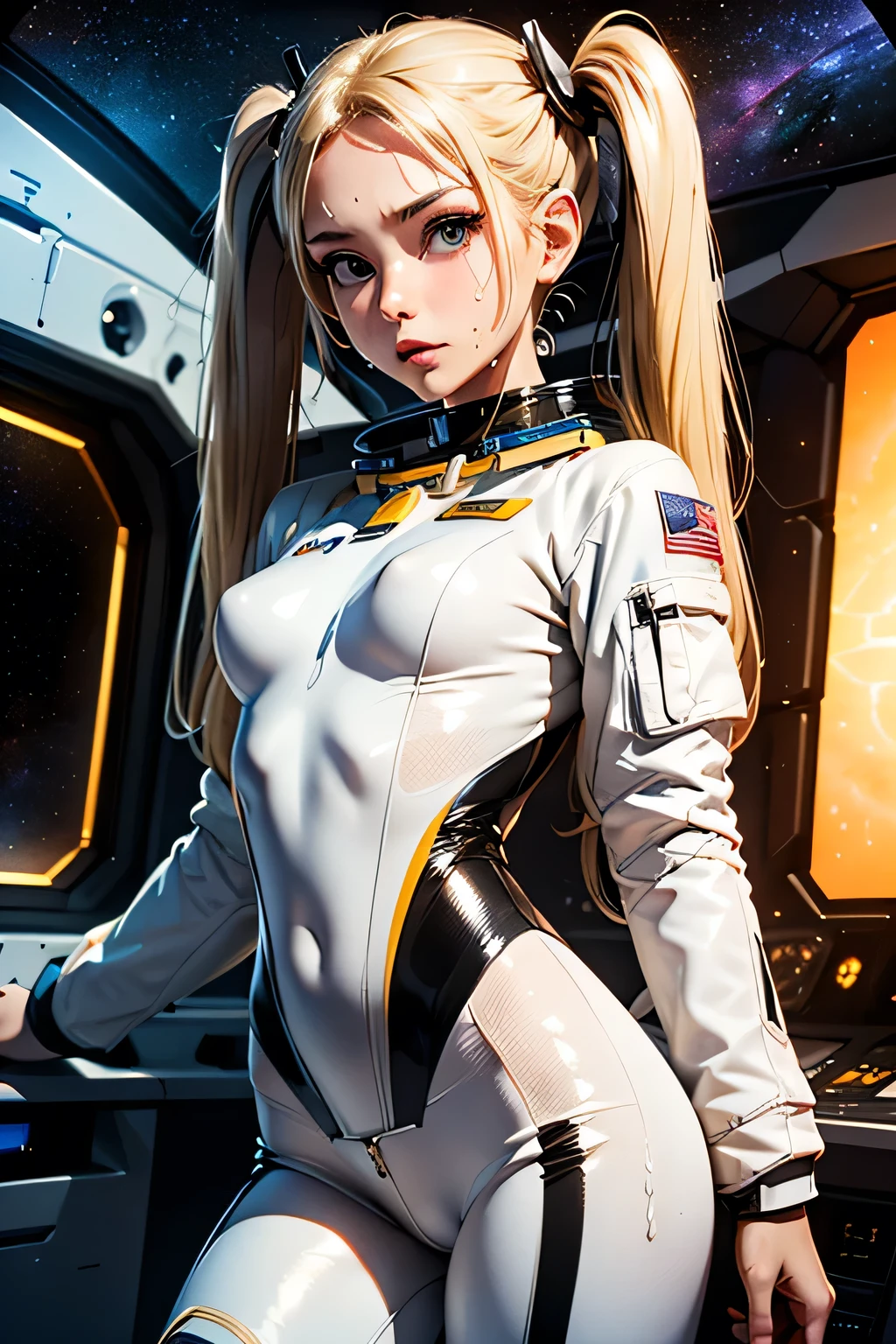 (masterpiece, best quality:1.2), (cowboy shooting:1.1), alone, 1 girl, Yuki Mori, faint smile, Keep your mouth shut, side view, looking at the audience, blonde hair, long hair, thigh gap, jumpsuit, skin-tight, Perfect body, large windows, (Starship portholes:1.3), (spread legs:1.3), (permanent:1.1), thigh gap, sensual gesture, side view, perfect hands, bright starship interior, (Outer space landscape:1.1), (Track view:1.3), (night, old sky:1.5), Milky Way
