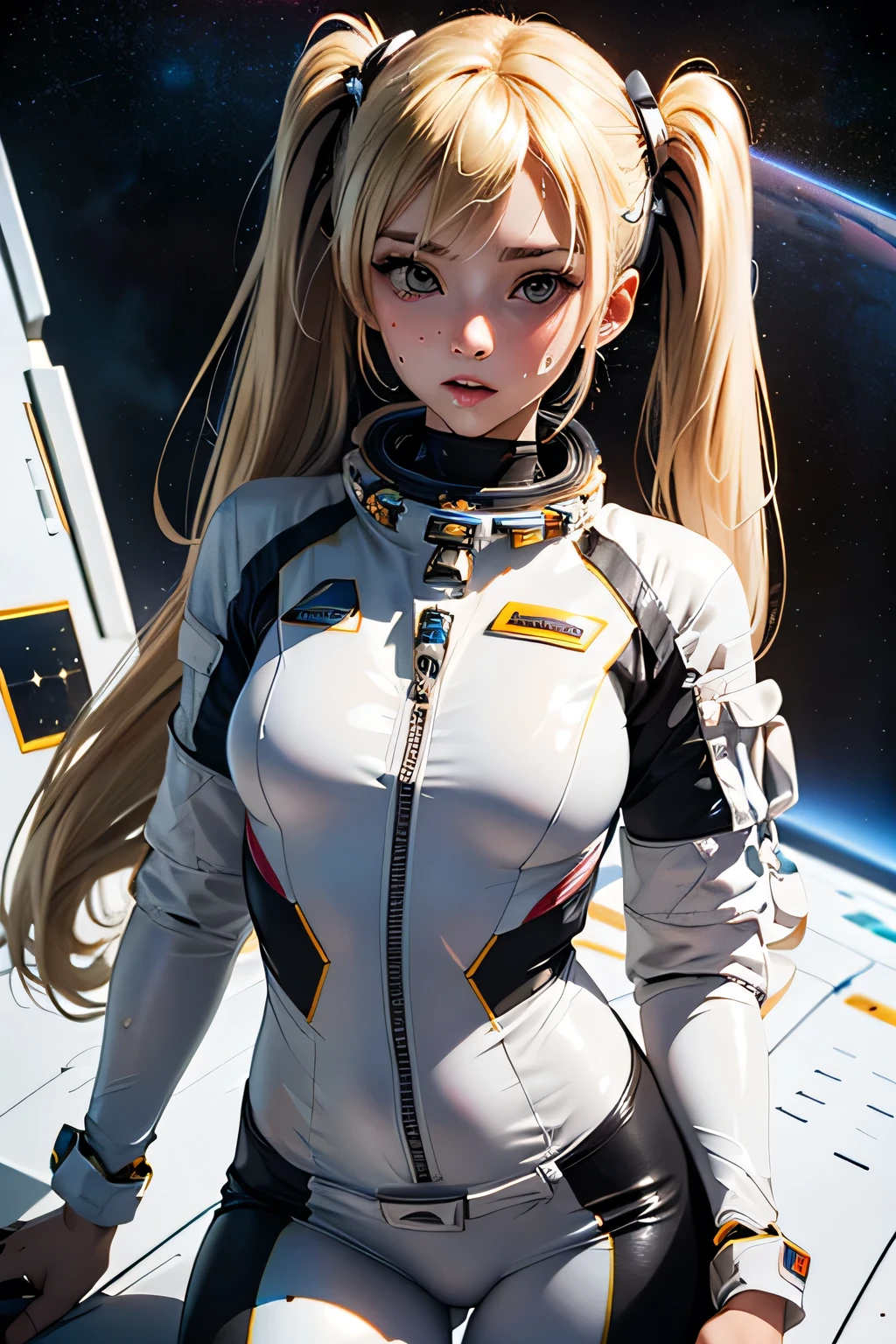 perfect ???????　top quality,highest resolution,(((shiny white and black spacesuit　shiny blonde　shiny skin　Long Twin Tails　sweat)))　unlimited routes　Space Opera　spaceship　cockpit　??????????????