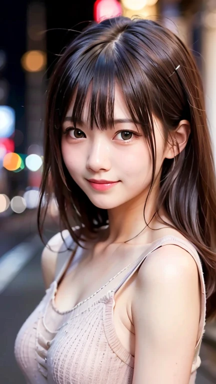 table top, highest quality, shape, Super detailed, finely, High resolution, 8k wallpaper, 完璧なダイナミックな構shape, finelyて美しい目, wearing a black dress,medium hair,natural color lip, smile,Harajuku、 girl、cute、looking at the camera、C cup、brown hair、Blurred night new york background