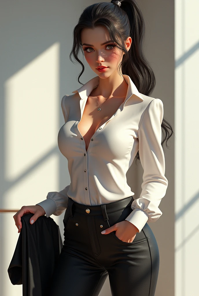 The best quality, mature woman, pechos giants, giant, very curvy, High ponytail, black eyes, full lips, seductive, Uniforme principal, Black blazer, White button up, pencil skirt, exposed cleavage, red lace bra,goggles, (formal:1.28), light smile, closed mouth, lady,mature female, cowboy shot, (white background, simple background:1.18), highres,official art,original,masterpiece,best quality, (large breasts),(masterpiece:1.2, top-quality), (realistic, photorealistic:1.4), beautiful illustration, (natural side lighting, movie lighting), looking at viewer, cowboy shot, front view, 1 girl, japanese, high school girl, perfect face, cute and symmetrical face, shiny skin, babyface, (long hair, straight hair, silver hair), hair between eyes, purple eyes, (middle breasts, seductive thighs, big ass), piercings, beautiful hair, beautiful face, beautiful detailed eyes, beautiful clavicle, beautiful body, beautiful chest, beautiful thigh, beautiful legs, beautiful fingers, ((long sleeves, white collared shirt, black suit jacket, black pencil mini skirt), id card, strap, black high heels), (beautiful scenery), evening, park, walking, (lovely smile, upper eyes), big,(best quality,highres)(business jacket:1.4),(a girl:1.5),elegant photo of a girl in a suit jacket, red lips, lipstick, (perfect eyes:1.4), (white shirt:1.5), silver hair, purple eyes, joyful, highly detailed skin, long eyelashes, black eyeliner, masterpiece, black belt:1.2, white shirt, teardrop earrings, business attire:1.2), full body,
