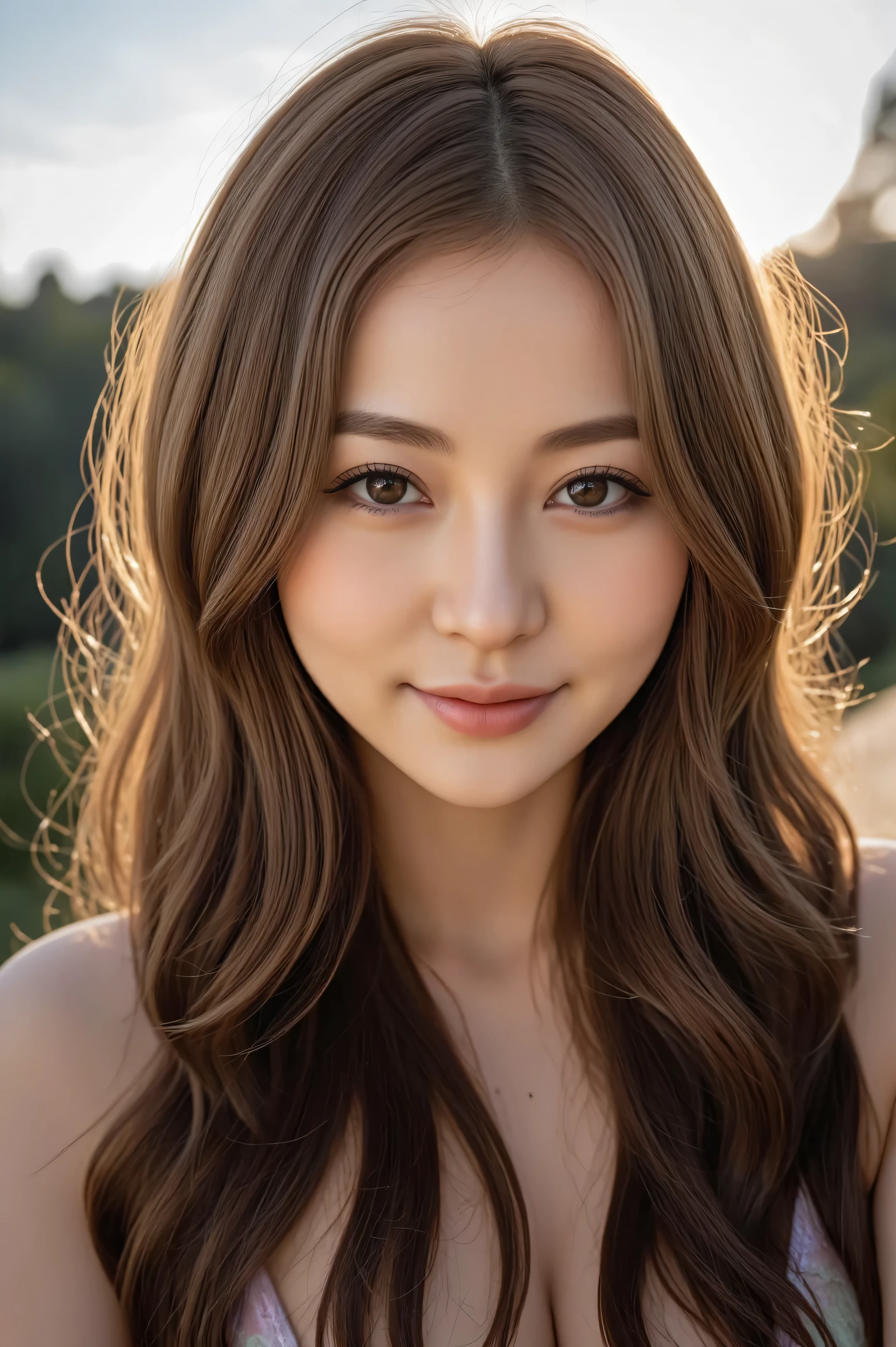 Nikon RAW Photography, 8K, Fujifilm XT3, Masterpiece, Top Quality, Lifelike, Hyper-realistic Texture, Dramatic Lighting, Unreal Engine Popular at Art Station, Photorealistic, Super Detail, One Girl, Solo, Goddess, (ulzzang-6500-v1. 1:0.2), Depth of Field, One Girl, Solo, Goddess, RealWhen the viewer watches, smiling, outdoor, solo focus, lifelike, white singlet, exposed shoulders, smile, blurry ((white shirt)), short sleeved shirt, lips, blurred background, medium breasts, streaks on hair, frontal, fine face, beautiful eyes, blonde hair and brown streaks, (wavy hair: 1.2), goddess, (Ortsang-6500-v1. 1:0.2), green eyes,