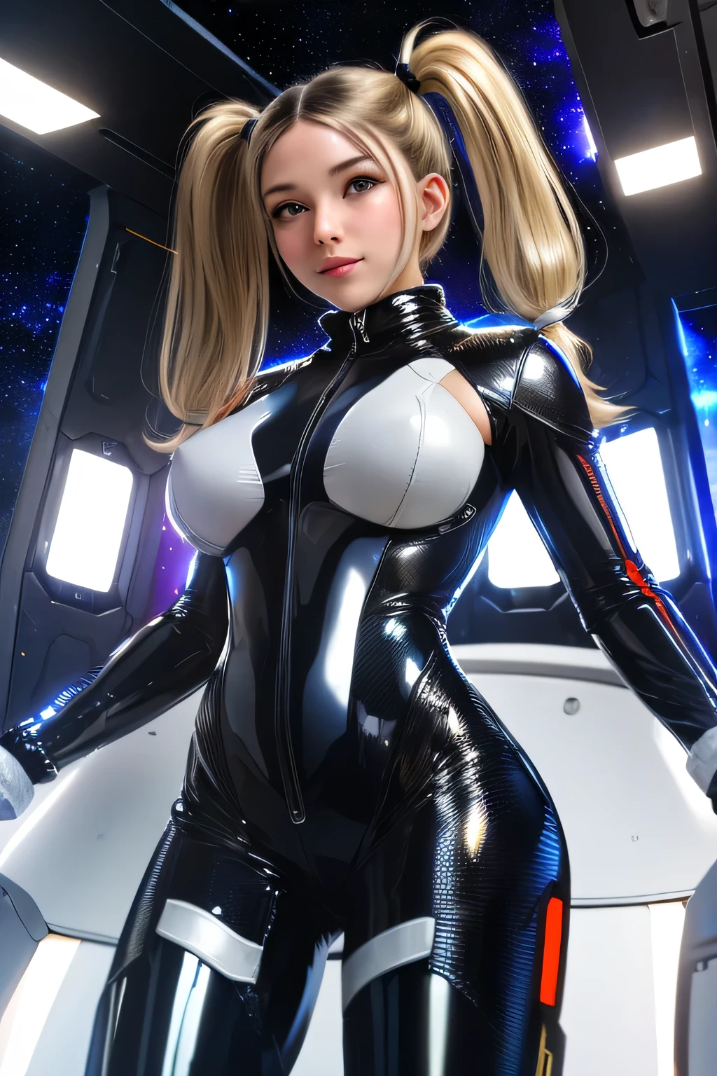 (masterpiece, best quality, ultra detailed, absurdres, cowboy shot)1.5, 1girl, (sexy, beautiful woman, perfect face, perfect eyes, perfect female body)1.5, (ElizaPerlman, single horn hair ornament, long hair, wavy hair, blonde hair, blue eyes, mole under mouth, extremely detailed clothes, smile, impossible leotard/bodysuit, elbow gloves, white knee boots, ), intricate detailes, depth of field, High quality texture, High quality shadows, vivid colors, space station, space,lens flare,