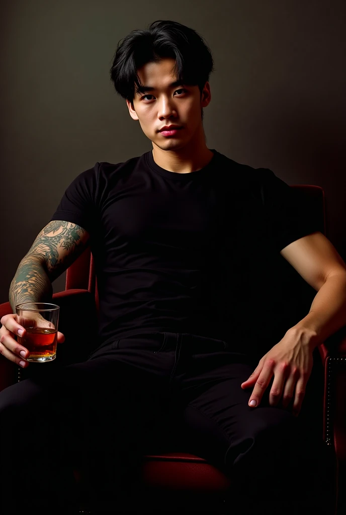(Highly detailed images),Thai person, teenager,handsome , Take off your shirt., shorts, canvas shoes, Has a tattoo of a bird on his chest., holding a glass of red wine, Wooden cottage