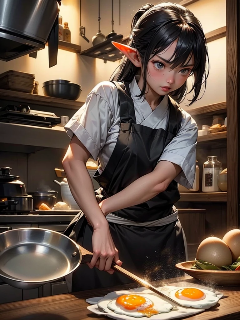 Ultra HD、realistic、Japanese restaurant。The chef of the elves、the rookie female chef is very angry、is waving up。the female chef is frying a fried egg in a small frying pan、the fried egg is burnt and black smoke is coming out of the frying pan、Elf long ears。