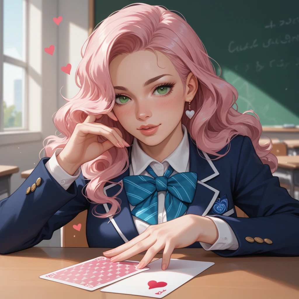 In a classroom bathed in the evening light, a young woman with long, flowing blond hair and green eyes looks down shyly. Her face is slightly flushed, and her lips tremble as if she wants to say something. She's wearing a school uniform with a white blouse and blue skirt. In front of you, she holds out a heart-shaped card, made of hand-decorated pink paper, with trembling hands.