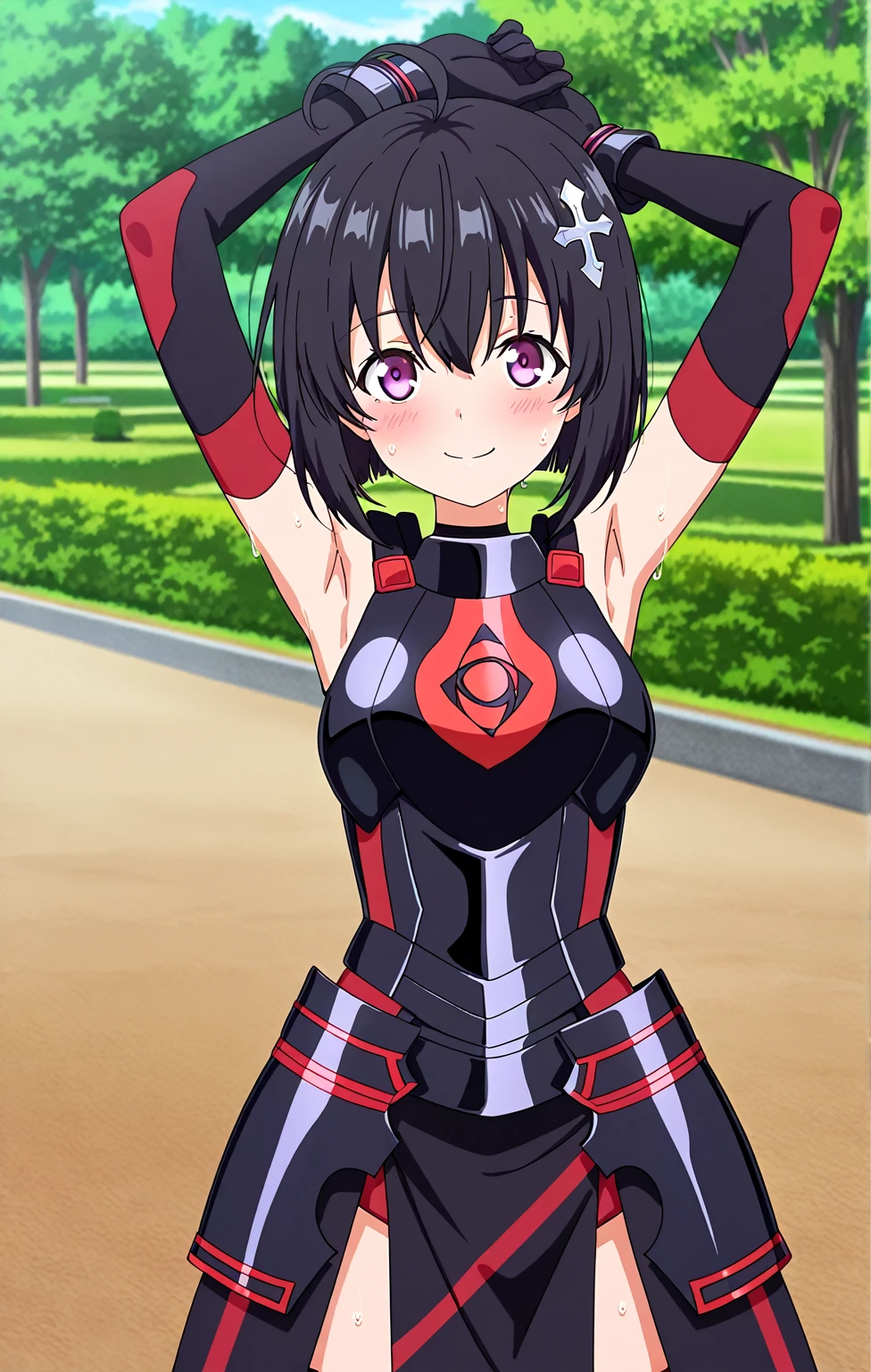 (((highest quality、masterpiece、normal body、8k、detailed face、ultra precision、normal hand、normal finger、5This finger、supreme)))I don't like being hurt so I want to max out my defense.、Anti-vibration、anime、Maple、black hair、145cm、、shortcut、Large Shield(A photo of a dark night)、armor(黒薔薇のarmor)、Short sword(new moon)、strengthen、Black half leotard、crucifixion、砕けたarmor、ボロボロのarmor、壊れたarmor、破れたarmor