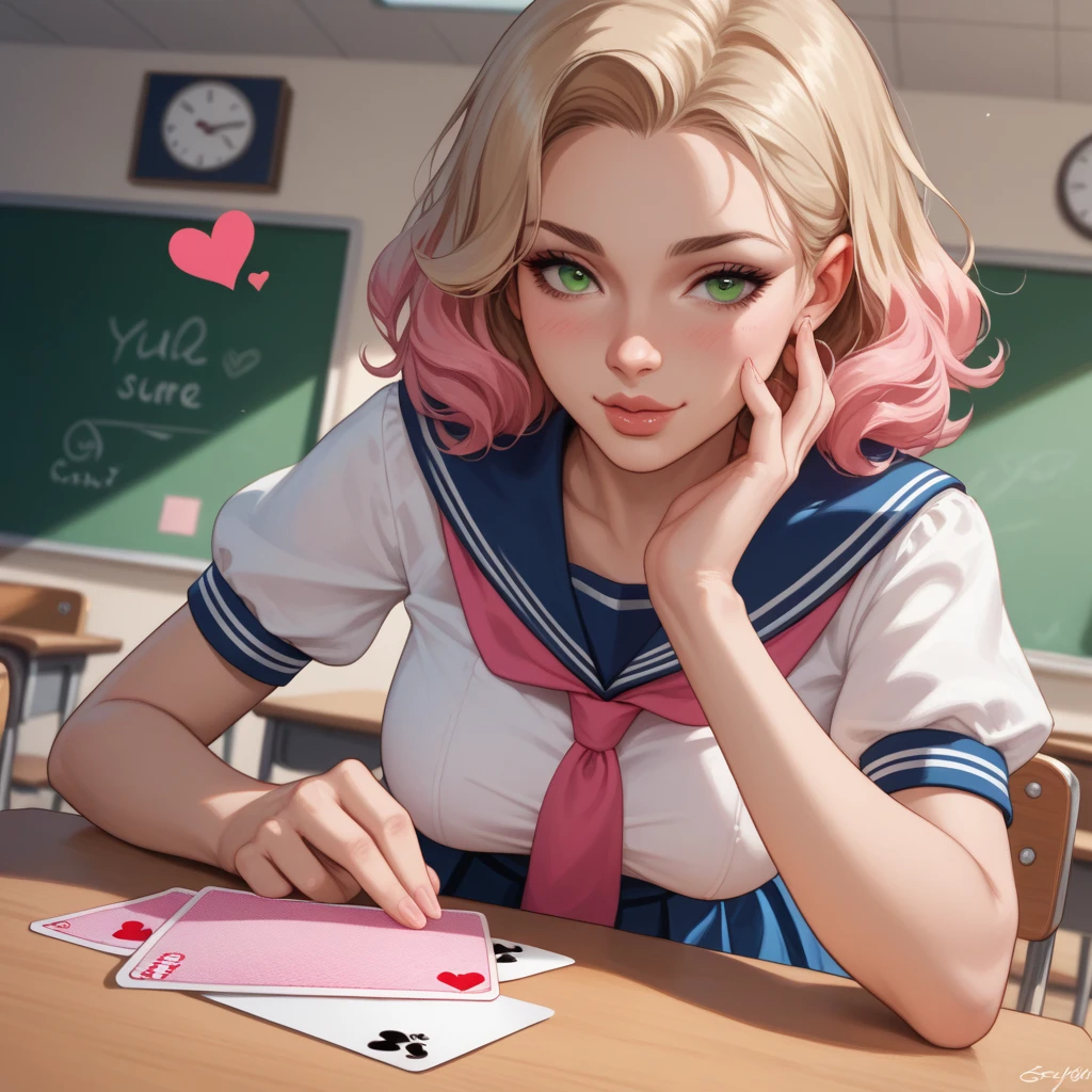 In a classroom bathed in the evening light, a young woman with long, blond hair and green eyes looks down shyly. Her cheeks are deeply flushed, and her lips tremble as if she wants to say something. She's wearing a school uniform with a white blouse and blue skirt. In front of you, she holds out a heart-shaped card, made of hand-decorated pink paper, with trembling hands.