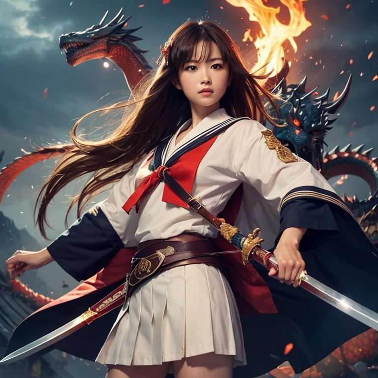 Sengoku period、Sailor Suit Swordsman 、 Sword of Fire、dragons that fire bows and arrows

