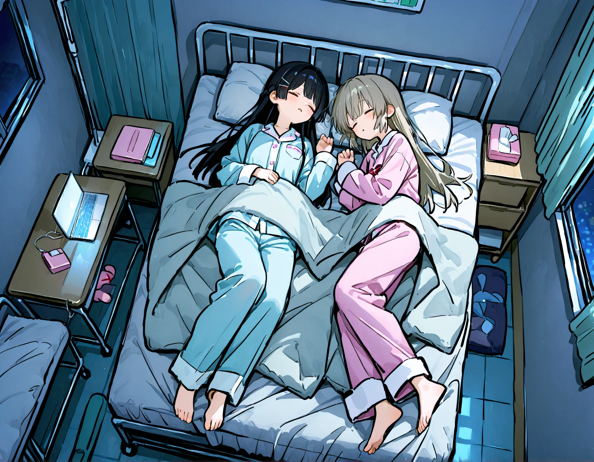 748cmstyle。2 girls。Tsukino Mito(Nijisanji)。sleep on beds 2 apart。away。2 beds side by side。Hair down。room seen from above。Hospital room。night。natori sana, pajamas。laptop。2 girls。Duvet
