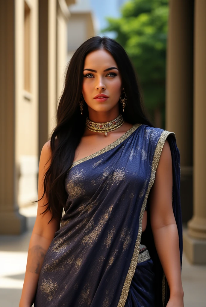 Masterpiece, paparazzi shot of scantily clad MILLIE BOBBY BLack, INTENSE BLUE EYES, fking_scifi, fking_scifi_v2, portrait of a young, seductive, extremely beautiful and attractive woman, big cleavage, in ancient roma lupanar 41bc, three black men behind her, long BLack hair, rich colorful clothes and golden jewelry, close up, regal pose and attitude. fking_cinema_v2