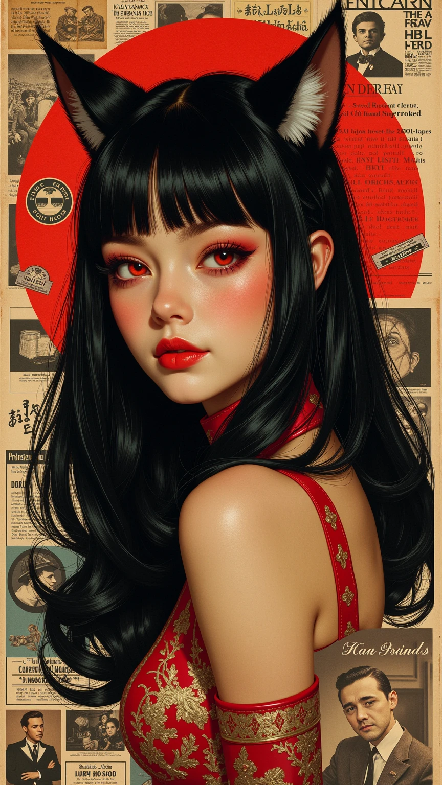  paste-cutting art ,magazine clippings,20th century ,Movie ads,((cat girl, cat black ears)), (red eyes), (long hair), (( black hair, (Ahoge), straight bangs,)),,current,United States,  history ,