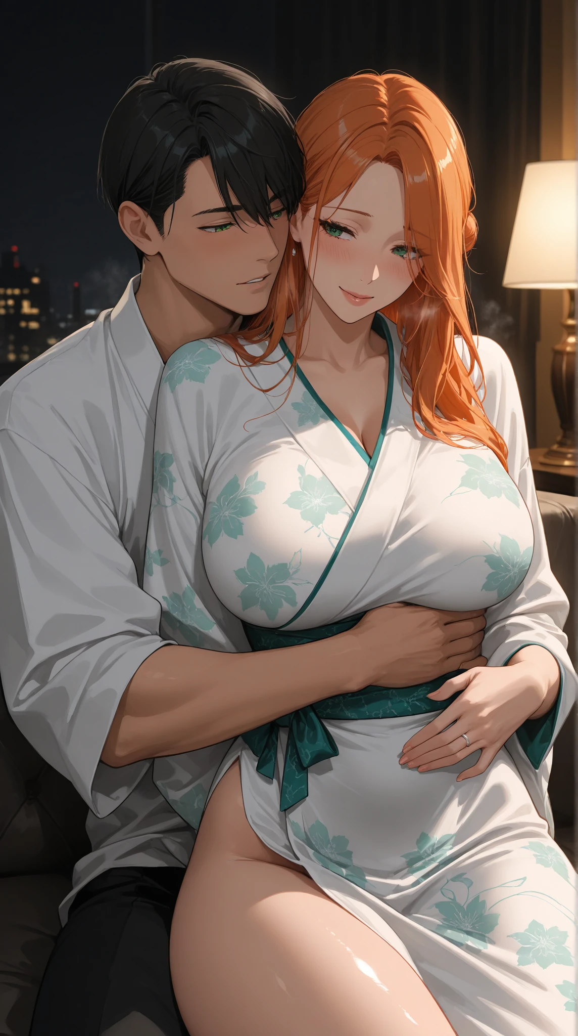 score_9, score_8_up, score_7_up, score_6_up, score_5_up, score_4_up, 1girl, nakano yotsuba, breasts, kimono,, japanese clothes,, blue eyes, orange hair, blush, large breasts, ribbon, hair ribbon, green ribbon yukata, sweat, bangs, collarbone,  breasts out, nipples, , bath yukata, sash, short hair,, closed mouth, looking to the side, medium hair, hairband, hair between eyes, white kimono, arm under breasts. tits out of clothes, sitting, lap pillow, 1boy, he is using her lap like pillow, nipple sucking, bedroom