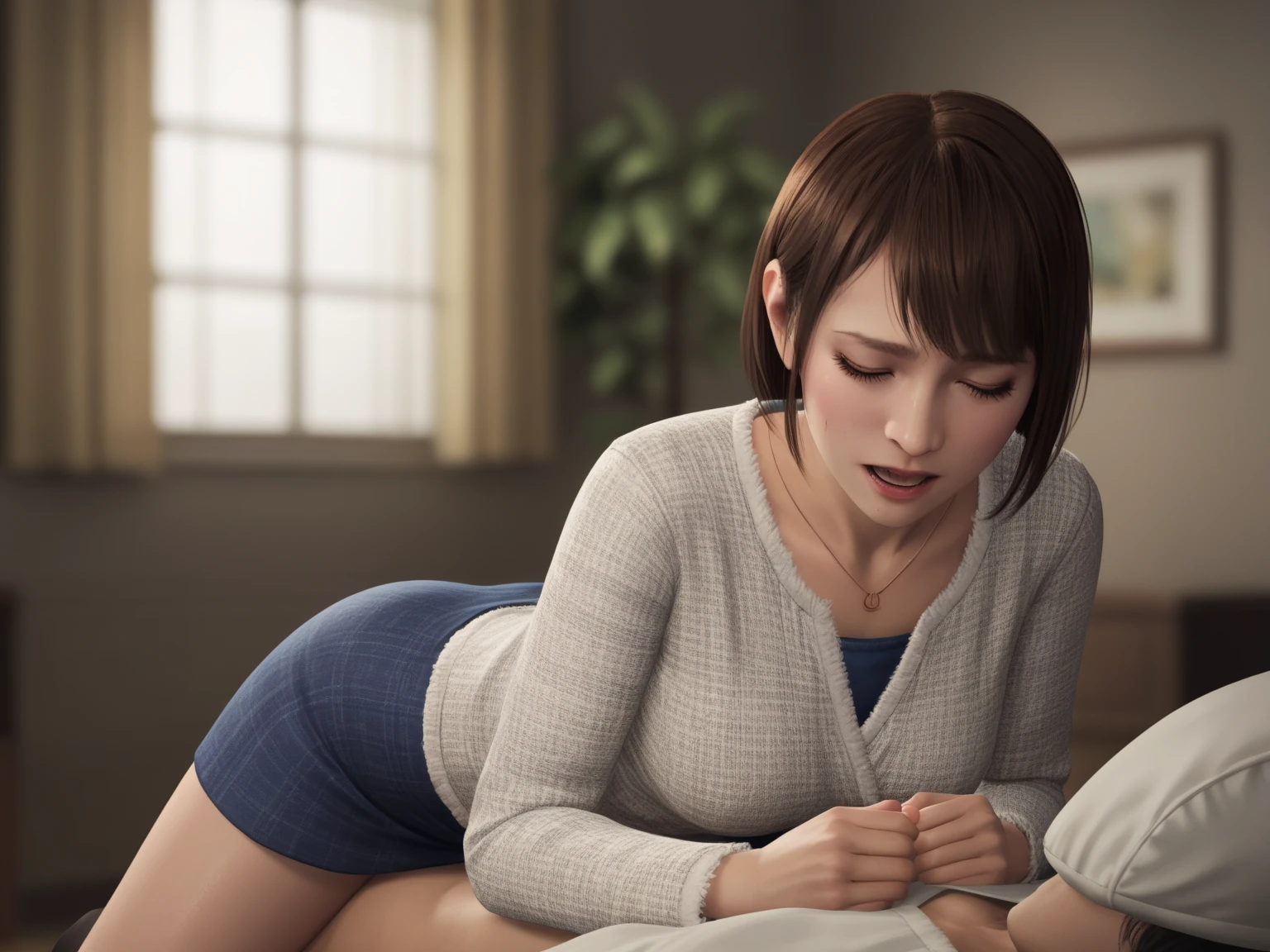 1boy, 1girl, small breasts, hetero, open_mouth, sex, sex_from_behind, blush, nude, solo_focus, short_hair, black_hair, doggystyle, sweat, tongue, porn, (pureerosface_v1: 0.7), asian, best quality, realistic, ultra highres, photorealistic, 8K, RAW photo,  beautiful face, detailed eyes, blurry_background, depth_of_field, ass grab, grabbing from behind,  <lora:ahegao_v1:0.1>, (furrowed brow:1.4), (rolling eyes: 1.4), half-closed eyes,