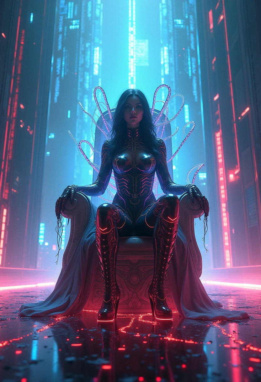 A cyberpunk dominatrix dominates a virtual landscape, her figure emerging in glitching neon shards from a cybernetic throne. The perspective is an extreme tilt, distorting space as digital waves pulse outward from her seated form. She wears an elaborate bodysuit with biomechanical tendrils that interface directly with the holographic world around her. A city of infinite skyscrapers, coded with Moebius-inspired detailed etchings, stretches into the distance, vanishing into a sky filled with shifting digital constellations. The scene pulses with electric blues, pinks, and reds, blending realism with a hyper-stylized cyber-fantasy aesthetic