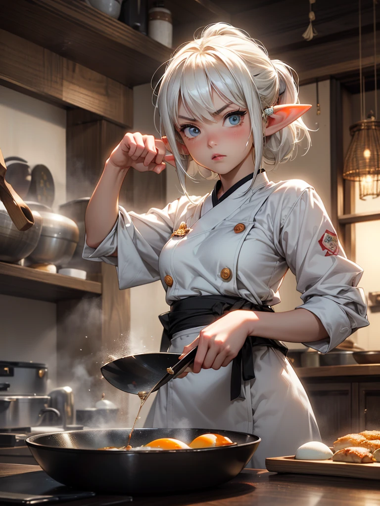 Ultra HD、realistic、Japanese restaurant。2 elf girls, The chef of the elves、the rookie female chef is very angry、is waving up。the female chef is frying a fried egg in a small frying pan、the fried egg is burnt and black smoke is coming out of the frying pan、Elf long ears。
