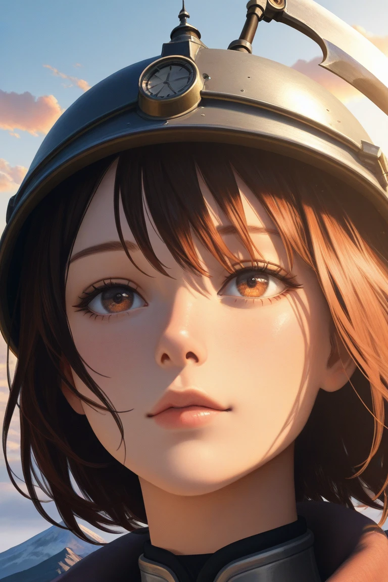 2D goal-shading anime scene A demonic adult woman stands on top of a mountain and holds a blazing mechanical combat scythe, watching the swirling clouds, a castle hovers above her. detailed  features. Warm sunlight illuminates the,  creating a soft ,  cozy atmosphere . photorealistic detailing, texture of clothes, reflection in the clouds, cinematic lighting. Close-up, soft focus on the background, natural perspective. dynamic frame .  watercolor style