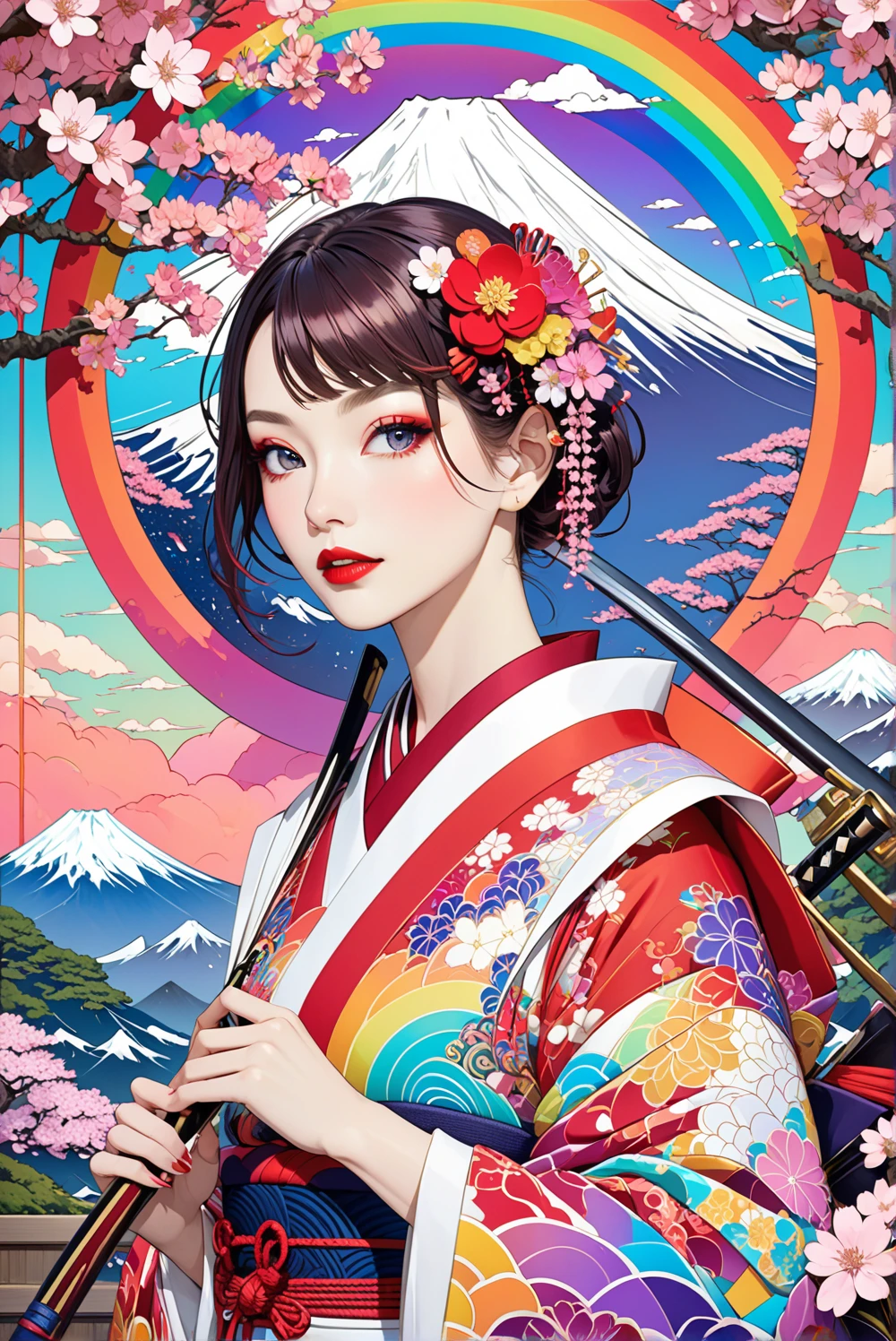 Create a surreal, yet lifelike artwork of a female samurai. The female samurai has lustrous skin, bold red lips, and golden hair in a traditional Japanese style composed of intricate colorful swirls and geometric patterns. She wears a rainbow color  kimono combining shades of rainbow and white. The background is mt fuji and harmoniously decorated with an abundance of sakura tree and circular motifs reflecting Art Nouveau influences. The overall composition should be dreamy, bold, and richly detailed to capture the essence of artistic elegance.