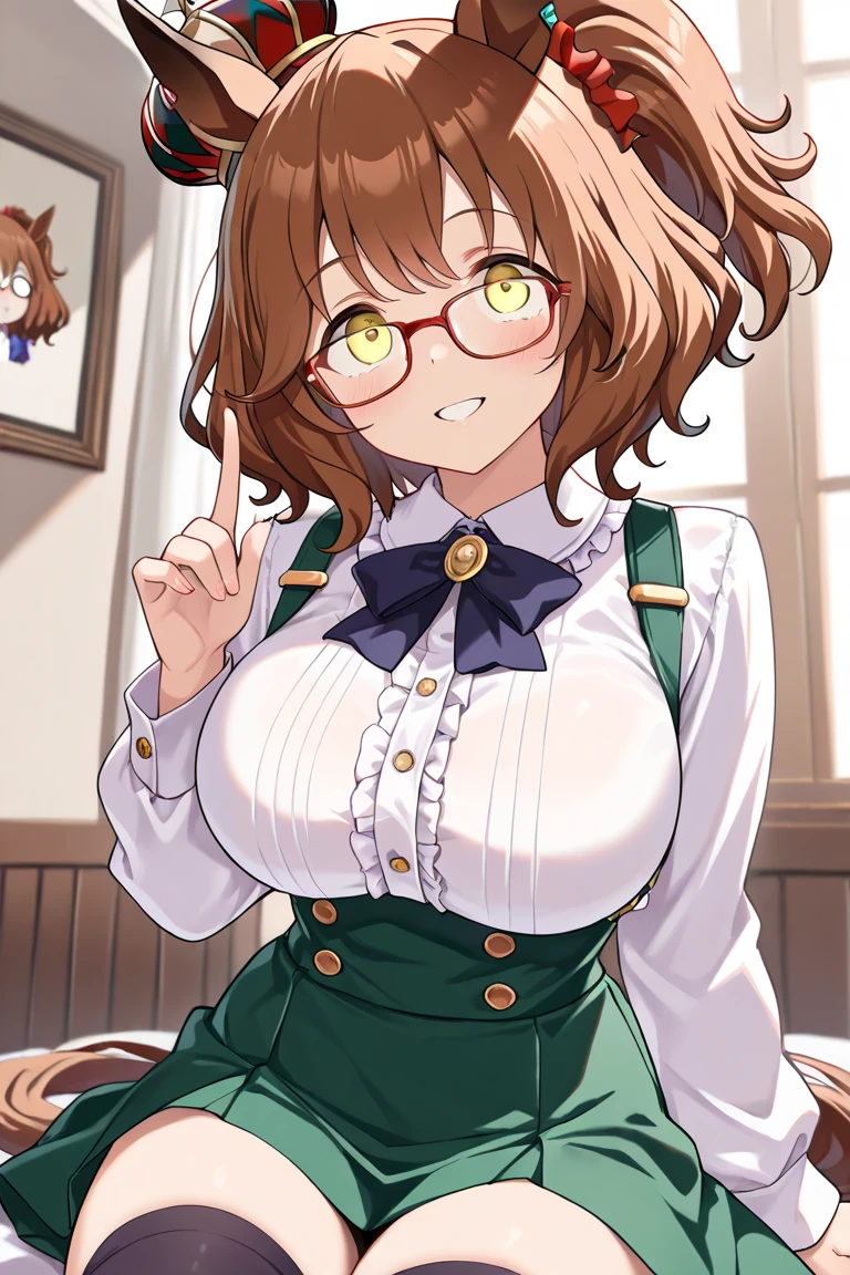score_9_up, score_8_up, score_7_up, 1girl, solo, source_anime, hourglass figure, Big breasts, kemonomimi, bear ears, brown hair, short hair, messy_hair, blue eyes BREAK freckles, (magician), top hat, black jacket, green leotard, fishnet pantyhose, bowtie, grin, bowtie, white background, gradient background, standing, looking at viewer, teasing face, breasts out, nipples, breasts hold, blush