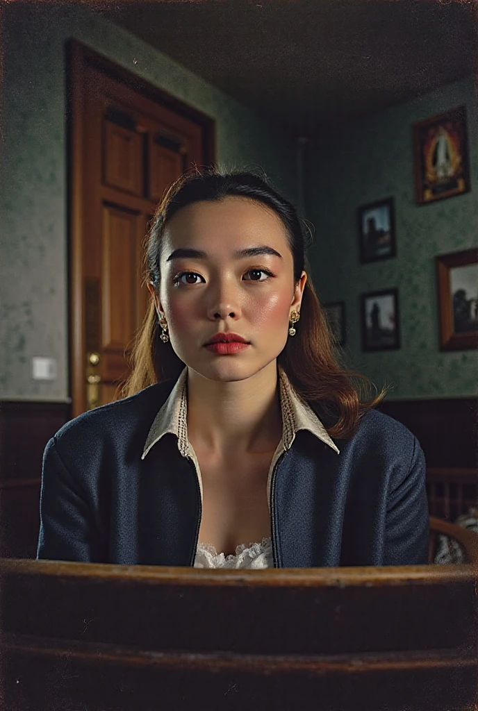 (close-up, editorial photograph of a 20 yo woman from the 1940's), (highly detailed face:1.4) (smile:0.7) (background inside dark, moody, private study:1.3) POV, by lee jeffries, nikon d850, film stock photograph ,4 kodak portra 400 ,camera f1.6 lens ,rich colors ,hyper realistic ,lifelike texture, dramatic lighting , cinestill 800,