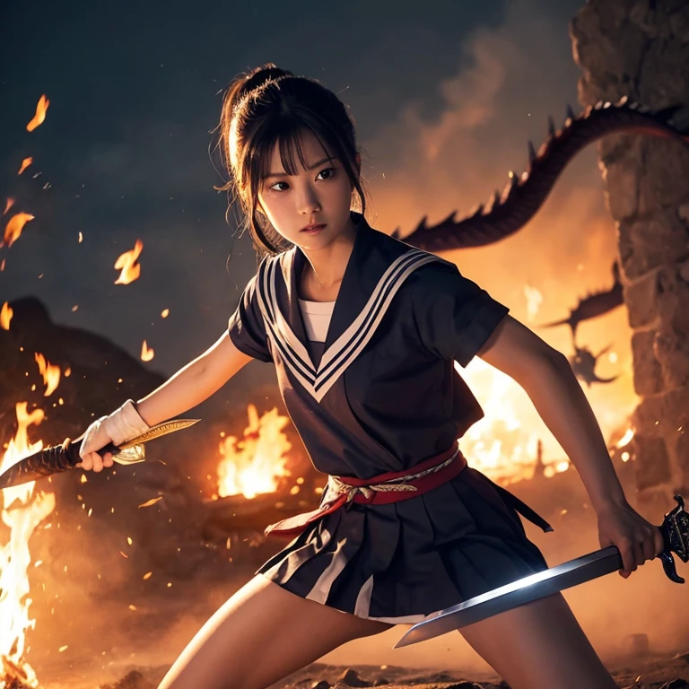Sengoku period、Sailor Suit Swordsman 、 Sword of Fire、Battle with Dragons 
