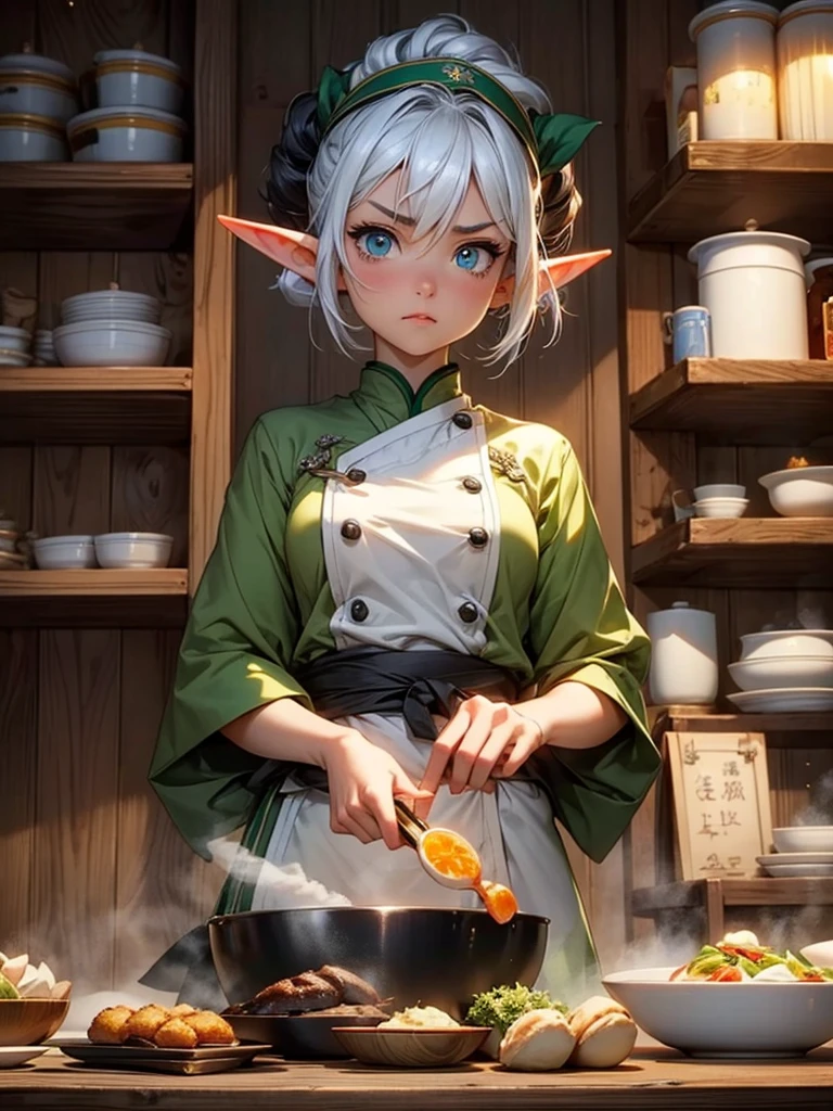 Ultra HD、realistic、Japanese restaurant。2 elf girls, The chef of the elves、the rookie female chef is very angry、is waving up。the female chef is frying a fried egg in a small frying pan、the fried egg is burnt and black smoke is coming out of the frying pan、Elf long ears。The chef of the elves、standing next to a rookie elf female cook、She's so mad、is waving up