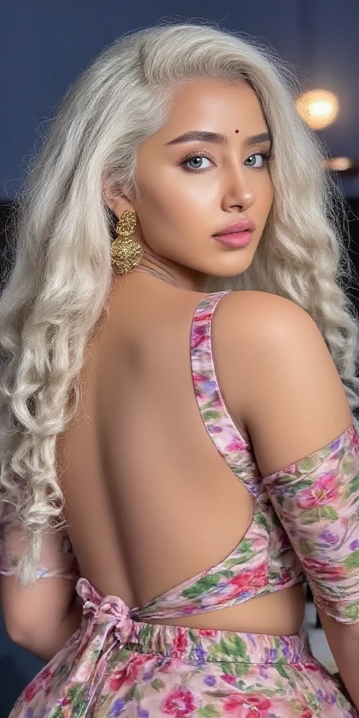 Wearing a silk robe, soft smile, blonde hair, purple lipstick, clear eyes, tattoo