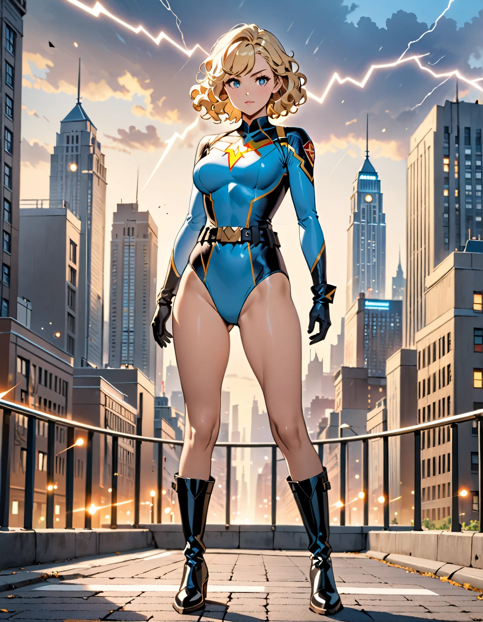 masterpiece, best quality, hires, 1girl, medium breasts, ((leotard, light blue leotard)), long sleeves, (lighting bolt /(emblem on chest/), (bare legs), ((fastened tight belt)), black boots, matching boots, ankle boots, black gloves, wrist-length gloves, city backdrop, solo, single, standing, full body shot, cowboy shot, superhero, beautiful detailed eyes, beautiful detailed face, blonde hair, (short hair), wavy hair, high school backdrop, outdoors, mature lady, teacher, perfect body, good proportions