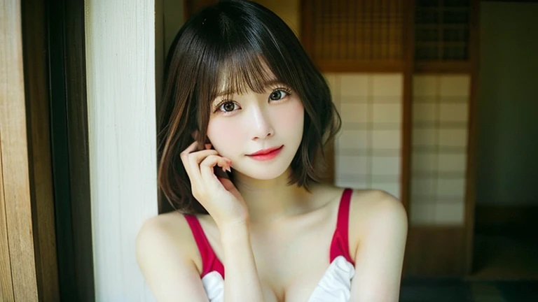 8k, Photo RAW: 1.2), Detailed face and eyes, The best quality, High resolution, Highly detailed, Intricate details, Masterpiece, Cute girl, Soft cinematic light, Hyperdetail, Sharp focus, High quality, Blonde hair, Bob haircut, Yukata, Breasts exposed (NSFW), Tying up the hair.