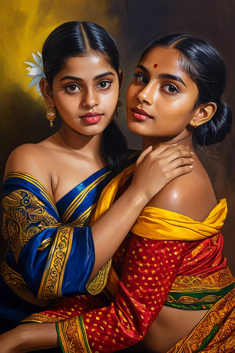 Visual artist painting portrait of a young woman in traditional Sri Lankan clothes doing sensual pose