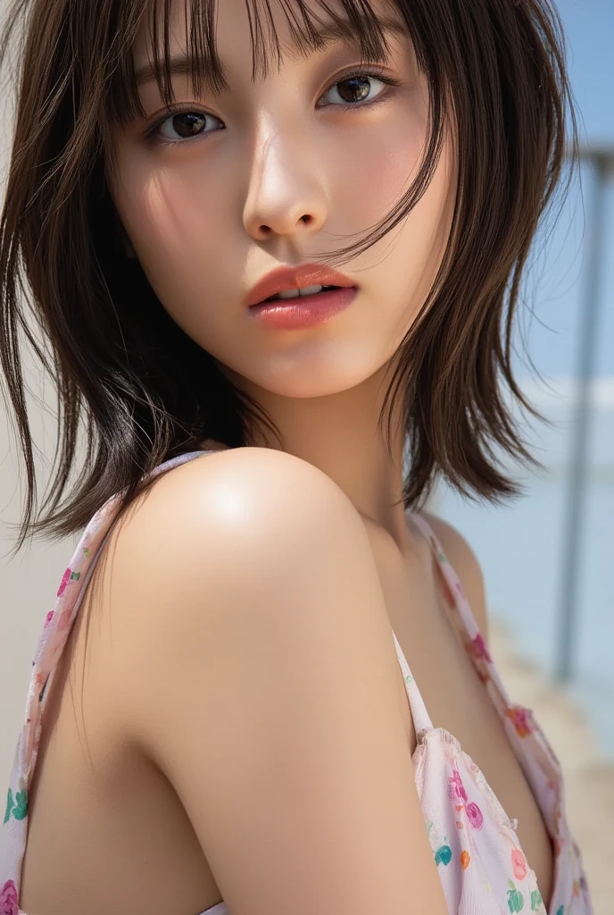 One Girl,(1人のとてもcute女の子:1.3),(((thin and delicate body:1.3))),masterpiece,Highest quality,High resolution,From below,Low - Angle,Photorealistic,RAW Photos,Ray Tracing,beautiful girl,(10 years old:1.3),cute,Big eyes,(detailed pupils:1.2),(The face is facing straight ahead:1.3),Body facing forward,Beautiful nose,High nose,Upturned nose,Fuller lips,Short black hair,ponytail,short hair,Slim Body,Narrow waist,Small hips,Thin legs,Beautiful feet,Slender legs,barefoot,Detailed eyelashes,Thin eyebrows,Very fine grain definition,(Symmetrical eyes:1.3),(whole bodyフルボディ,Whole body:1.0),Small breasts,Short neck,White swimsuit,White Bikini,The background is the sea,Southern Island,sunset,Sunset,Portrait,View Viewer,whole body,Cinema Lighting,High resolution,Very detailed