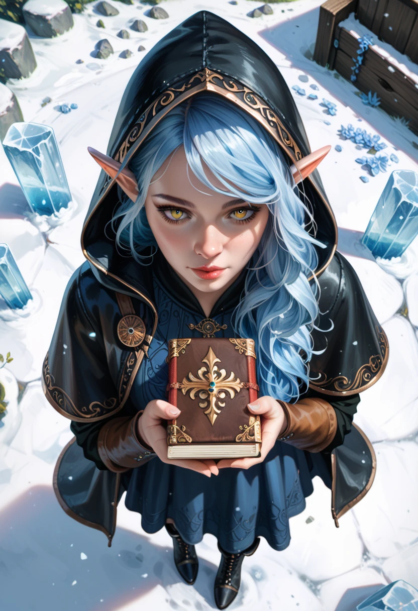 top view, top view, from above, full view of the character, full view of the character, realistic, rpg, dnd token, fantasy, a female elf (pale skin) (long ice blue loose hair) (gold eyes), wearing a black medieval noble hooded coat (black, hood up) and a sexy black slit dress (black, black) and black high boots, holding a medieval lawbook, standing, character looking down, top view, top view, from above, from above, full view of the character, full view of the character, (white background)