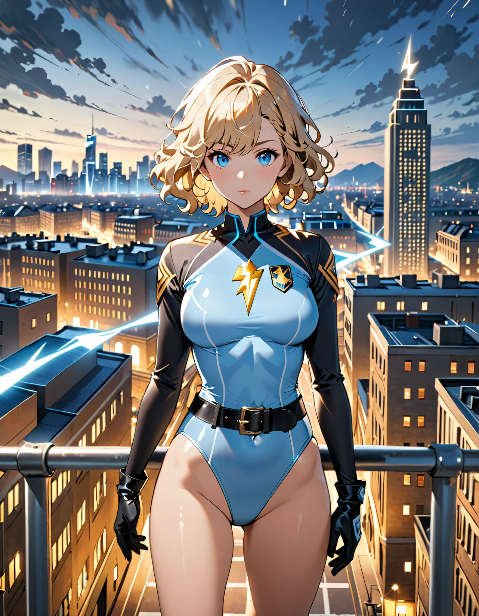1girl, tall body, light blonde hair, aquamarine eyes, boots, breasts, bracelets, full body, hair ornament, (shoulder-length hair, ponytail, bangs), full body with costume, (leotard, perfect leotard, gymnast outfit leotard, white leotard with blue accents, bare legs), hi-tech shoulder pads, (white boots), medium breasts, perfect hands, complete fingers, perfect anatomy, perfect proportions, solo, solo focus, superhero, ((blue lightning logo on chest)), beautiful detailed eyes, beautiful detailed face, age 18, asuka suit, body infused with electricity, diffraction spikes, heroic, standing straight, hands on hip, city backdrop