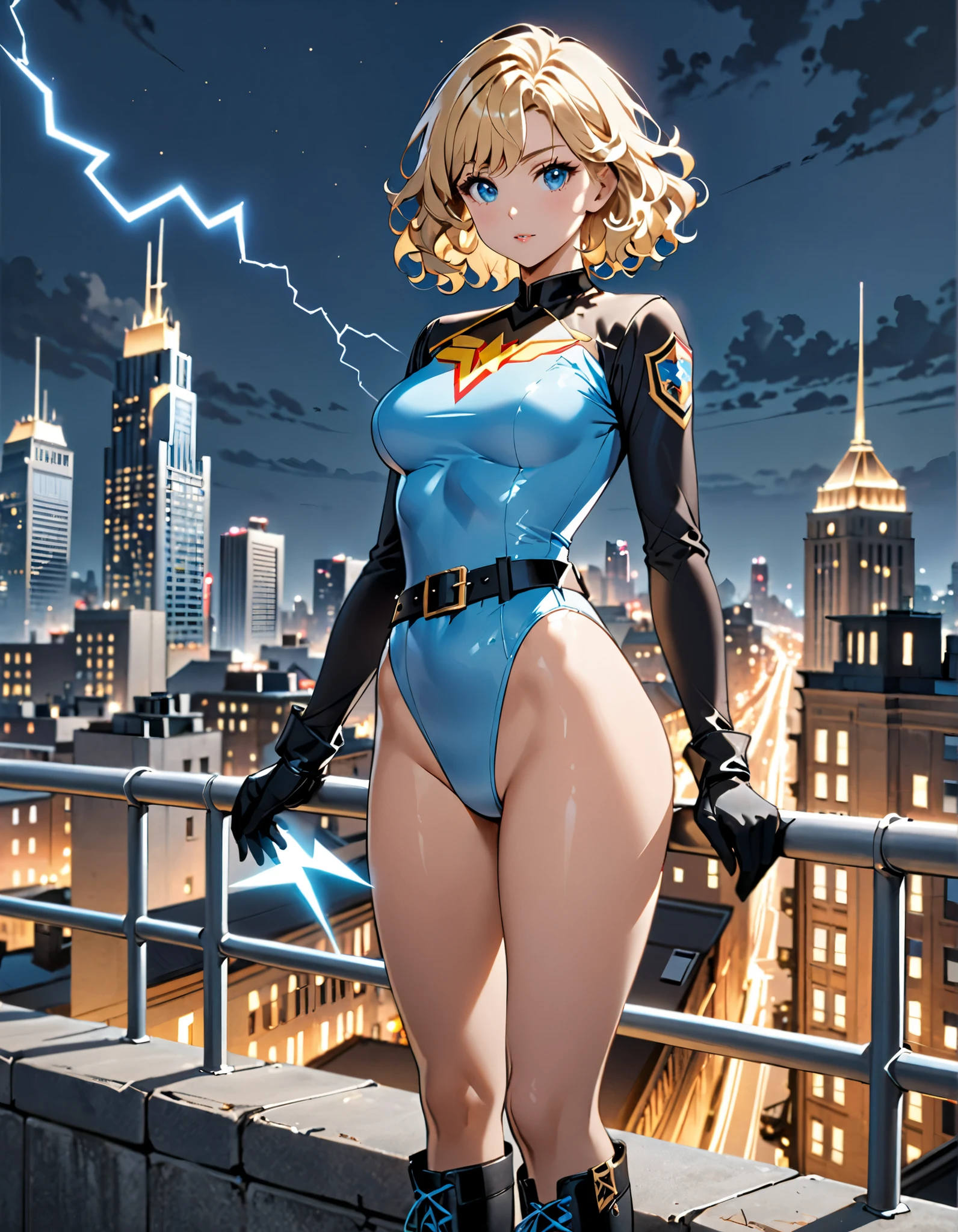 masterpiece, best quality, hires, 1girl, medium breasts, ((leotard, light blue leotard, long sleeves)), (lighting bolt emblem on chest), (bare legs), (fastened tight belt), boots, matching boots, gloves, city backdrop, solo, single, standing, rear view, full body shot, cowboy shot, superhero, beautiful detailed eyes, blonde hair, (short hair, wavy hair), high school backdrop, outdoors, mature lady, teacher, perfect body, good proportions