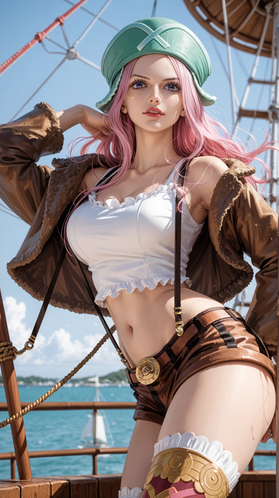 Jewelry Bonney from One Piece, in her original anime outfit — white crop top, red and black shorts, brown open jacket, thigh-high socks — striking a dynamic pose on the deck of her pirate ship. Pizza slices and a chocolate donut with sprinkles float around her using energy-like tendrils, showcasing her gluttonous power. Her expression is confident and slightly playful. The setting is a nighttime scene on the open sea, with distant glowing lights and dramatic sky. Emulate a Canon EOS 5D Mark IV with 85mm f/1.4 lens, use cinematic lighting with deep shadows and soft highlights. Hyperrealistic photographic style, rich textures, realistic skin and clothing details. Shot in a three-quarter composition, shallow depth of field, dramatic atmosphere --ar 16:9 --v 6 --style raw --quality 1 --stylize 100