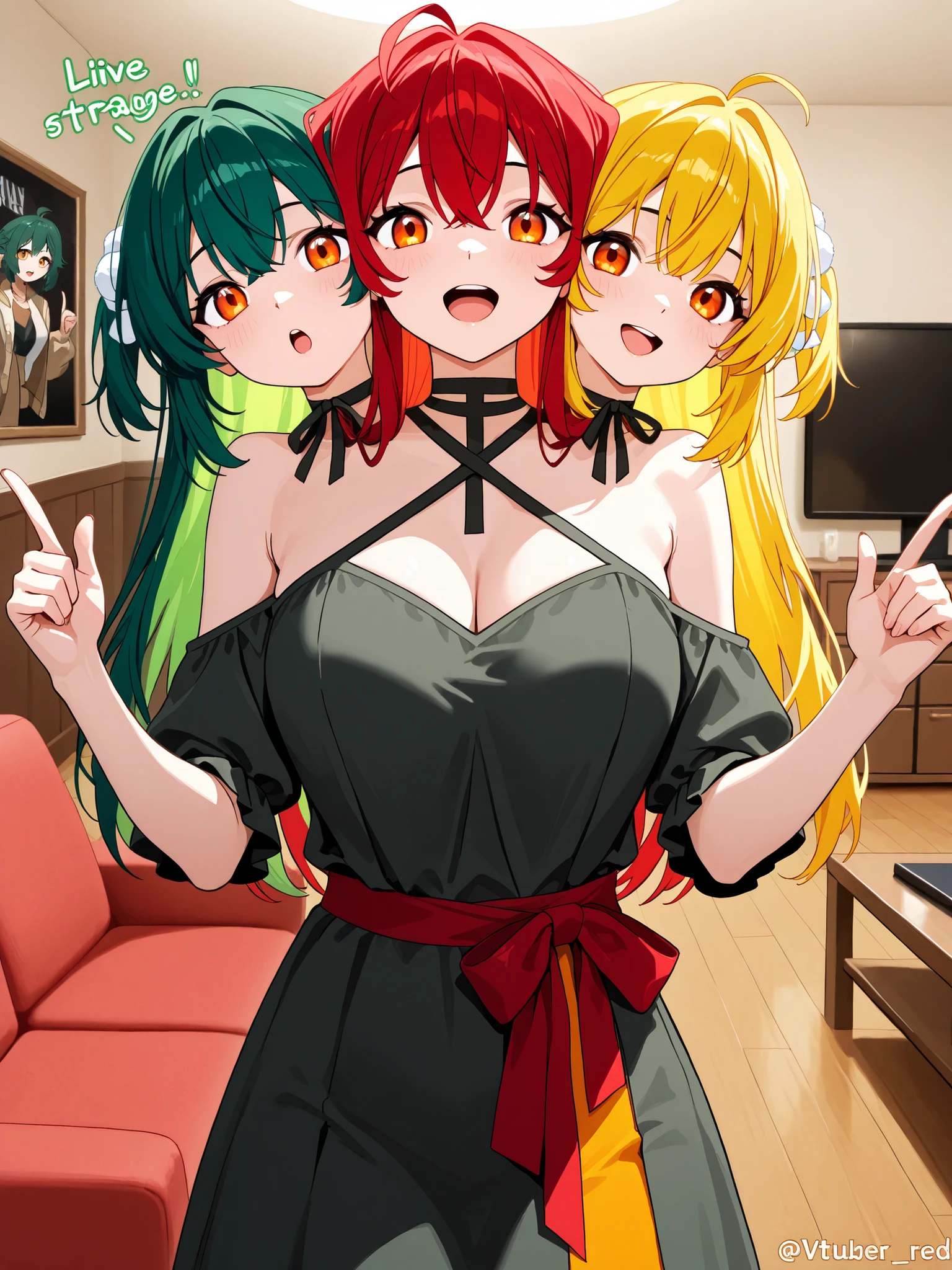 anime girl with three heads, vtuber, long red hair, long yellow hair, long green hair, orange eyes, open mouth, talking to the audience, finger pointing up, living room, live stream