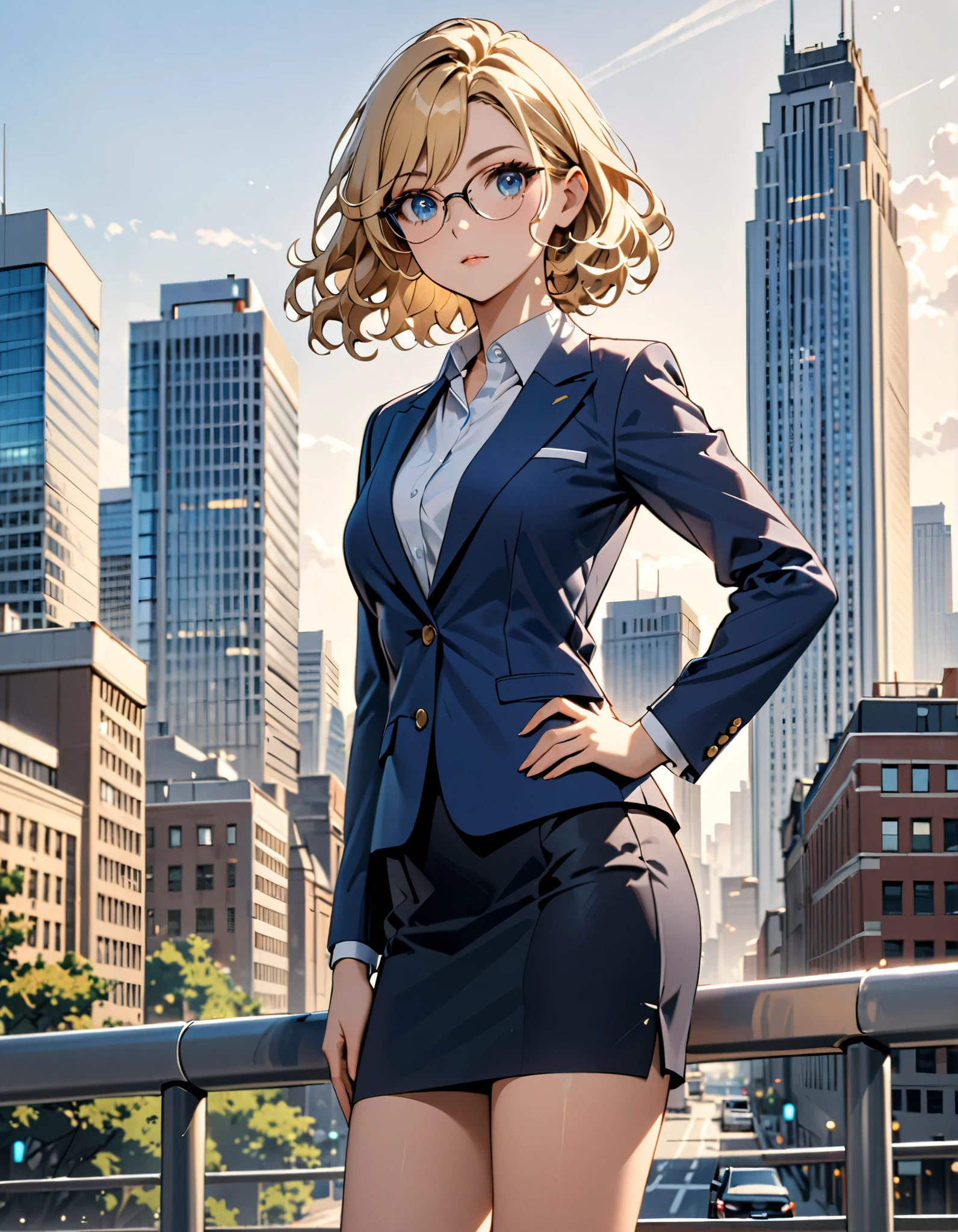 masterpiece, best quality, hires, 1girl, medium breasts, blue formal suit jacket, white collared shirt, skirt, pencil skirt, bare legs, (glasses), black shoes, city backdrop, solo, single, hands on hip, standing, full body shot, cowboy shot, beautiful detailed eyes, beautiful detailed face, blonde hair, (short hair), wavy hair, high school backdrop, outdoors, mature lady, teacher, perfect body, good proportions, fixed hands