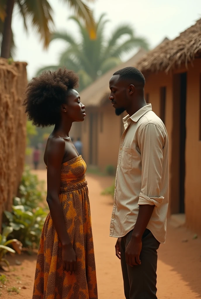 Amara and Malik gradually recovering together in a serene setting, with Amara showing care and affection towards Malik, symbolizing their growing bond, under the shade of a large tree in the village, in 16:9 dimension."