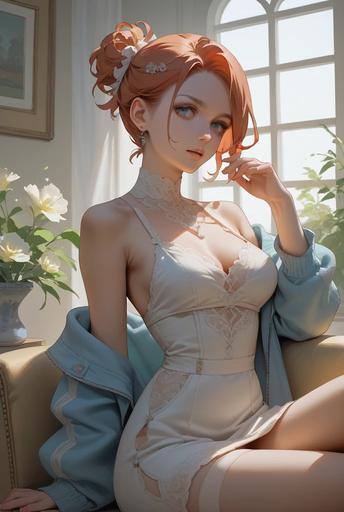 8k, masterpiece, best quality, realistic, highly detailed, cowboy shot, 1girl, erotic , solo, serious looking girl, medium-length hair, expressive, reddish-orange hair, a pair of star-shaped hairpins near both of her eyes, dark blue eyes, average height, well shaped erotic figure, glasses, cute, sexy tiny x-mas lingerie