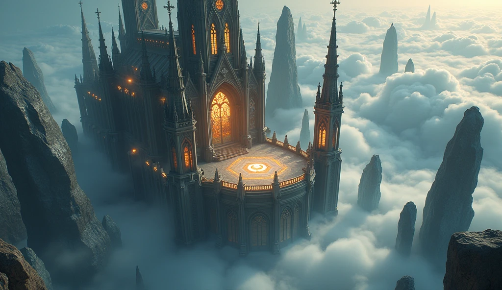A floating gothic cathedral above the clouds, with ornate flying buttresses, stained glass windows depicting stars and cosmic forces, crystal chandeliers levitating mid-air, and a central hexagonal altar made of crystal and gold. The cathedral is surrounded by floating rocks with runic inscriptions. No characters. Magical, otherworldly lighting, cinematic fantasy atmosphere, highly detailed.