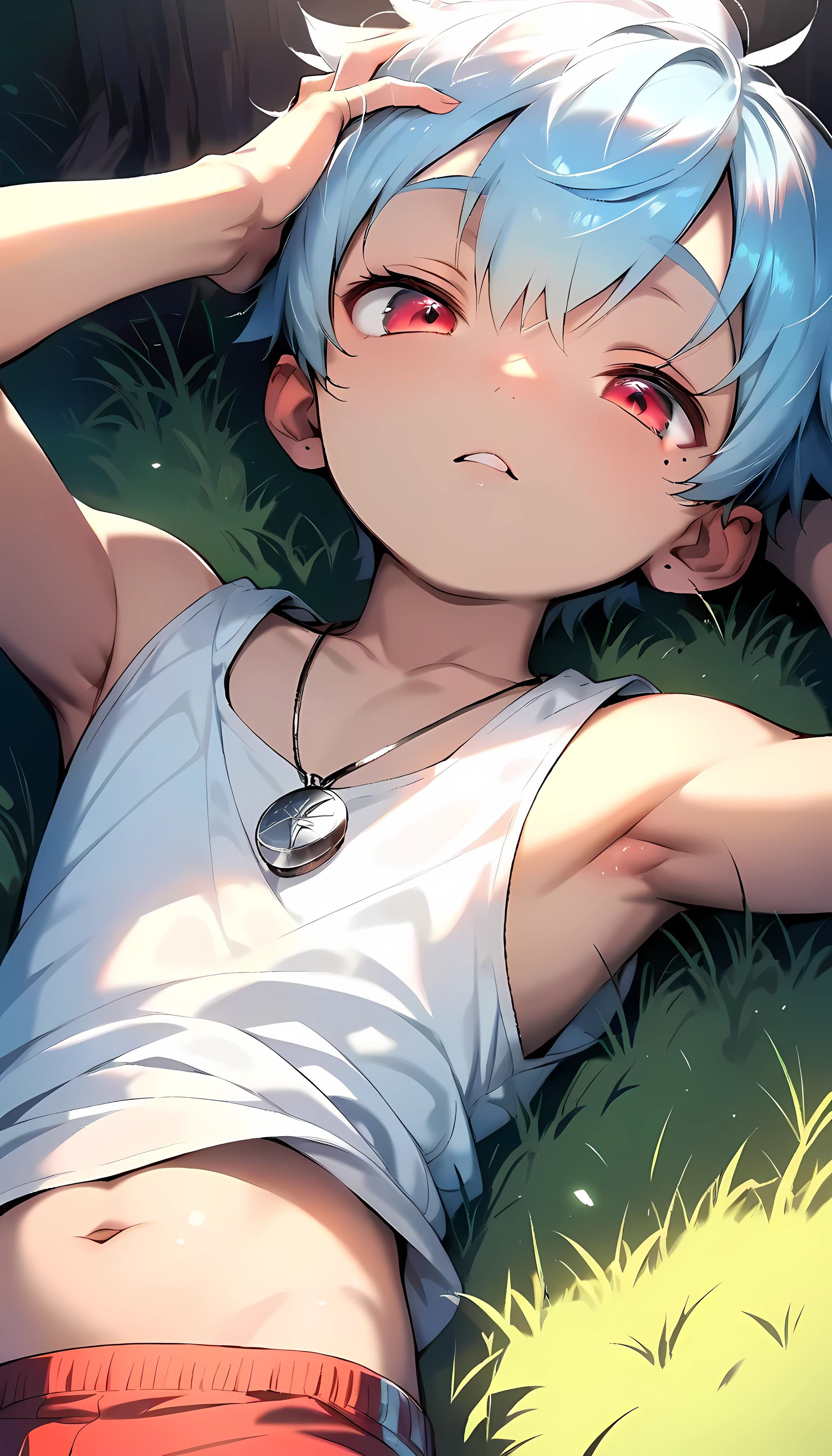 (score_9, score_8_up), realistic face, (perfect face), (detailed face:1.3), (detailed eyes:1.3), (cute eyes), (shiny eyes), (masterpiece eyes), (cute face:1.2), (solo), (shota:1.5), (sleeping on grass:1.3), (arched back), (one hand on head:1.2), BREAK (white tank top), (red short pants), BREAK (light blue hair), (wine red eyes), (black irises), (eyes with highlight:1.2), (mole under eye), (half closed eye), (another eye closed), BREAK (on grass under tree:1.2), (soft tree shadow), (soft white lighting:1.2), (silver necklace), navel, (look at viewer), (soft natural lighting), wind blowing, from above,