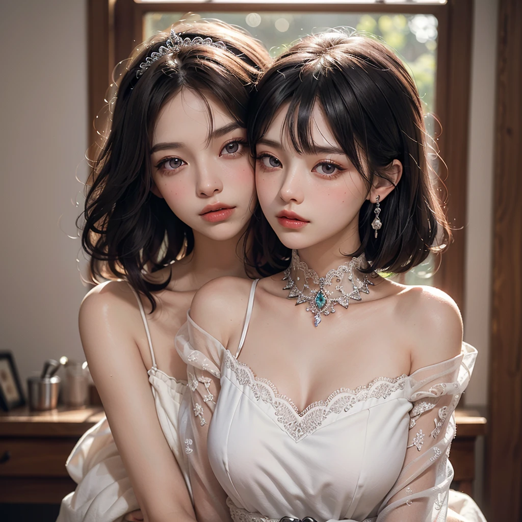 best qualtiy, tmasterpiece, A high resolution, 1girll,Chinese wedding dress,hair adornments,choker necklace,jewely,beauitful face,Posterior body,Tyndall effect,realisticlying,edge lit,twotonelighting,(highdetailskin:1.2),16k UHD,gentle illumination,high high quality,Volumetriclighting,Frankness,photore,A high resolution,White wedding room