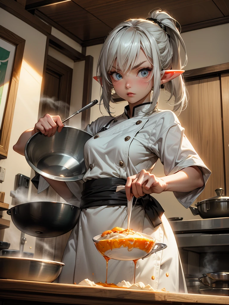 Ultra HD、realistic、Japanese restaurant。2 elf girls, The chef of the elves、the rookie female chef is very angry、is waving up。the female chef is frying a fried egg in a small frying pan、the fried egg is burnt and black smoke is coming out of the frying pan、Elf long ears。The chef of the elves、standing next to a rookie elf female cook、She's so mad、is waving up