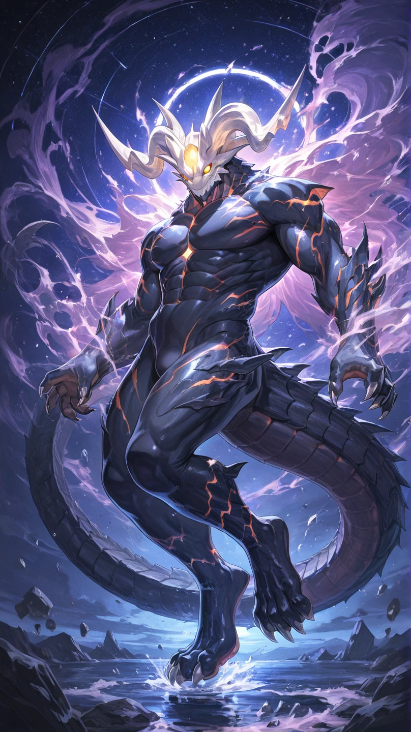 Dragon Oracle,Physically strong。The silver-gray skin is covered with hard, thick scales。red eyes。long, fangs、Dragon horns and claws