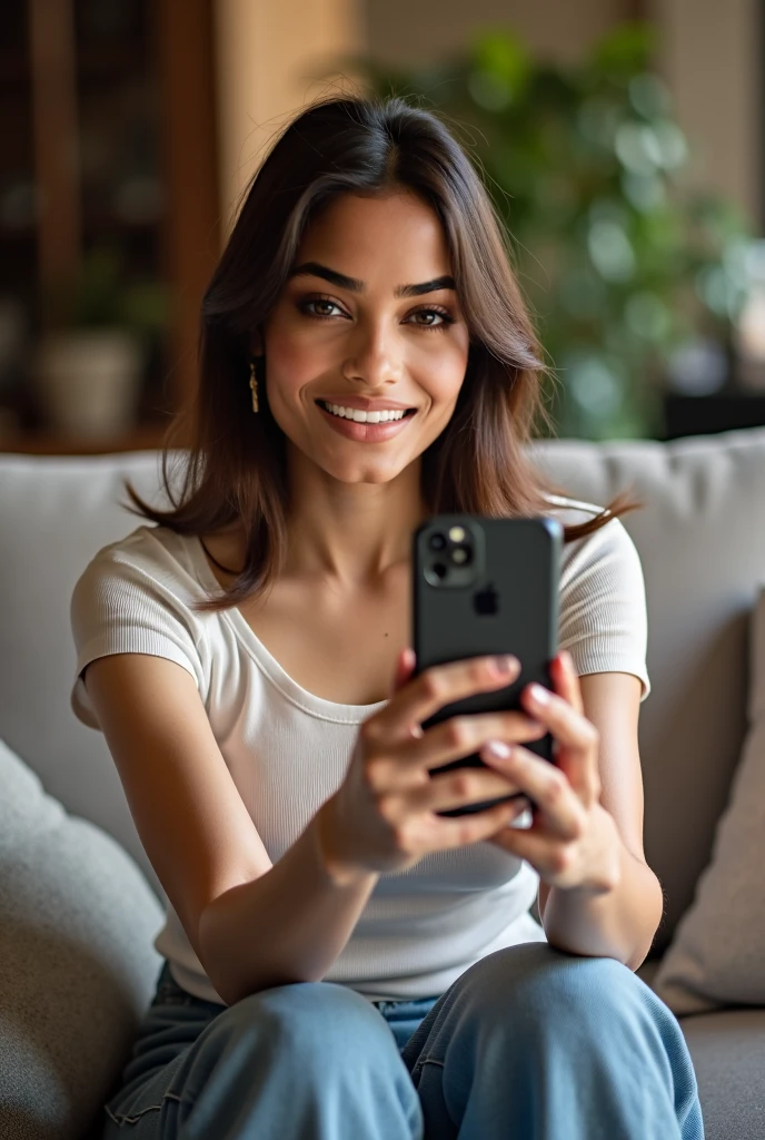 A beautiful woman in her 40s, wearing a gray t-shirt, holding a cell phone in her left hand and a strawberry in her right hand, checking her phone, checking her cell phone, she is holding a smartphone, very accurate photo, looks realistic, 40 years old woman, photo funny, good quality, portrait photo, portrait photo, goddess checking her phone. 40 years old female model, side pose, indoor photo, tanned skin. A woman in good physical shape, a fitness woman, perfect face, perfect mouth, 8k, perfect body, perfect face, perfect mouth, perfect hair, high resolution. She is around 40 years old, measures 165 cm and weighs 56 kg. She has a perfect mouth, a perfect face.