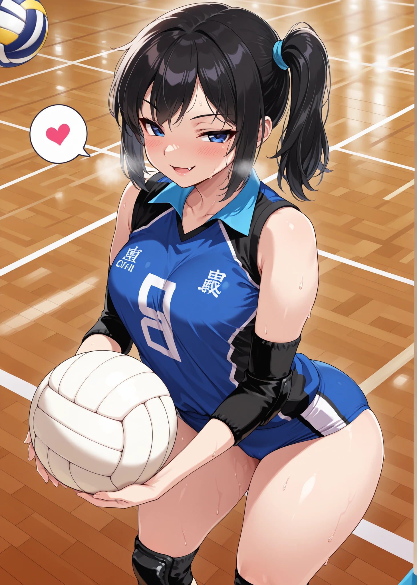 masterpiece, best quality, amazing quality, 1 girl, (young woman:1.4), (holding ball:1.4), (seductive pose:1.4), (sexy pose:1.4), thick thighs, Collared volleyball uniforms, buruma, volleyball knee pads, elbow sleeve, (old Full spherical 8.5" white volleyball ball:1.4), (white ball:1.4), (blush:1.4), camel toe, (chubby:0.8), curvy, (sweat, Covered in sweat, covered in perspiration:1,4), (deep breathing:1.2), spoken heart, perfect anatomy, in Uninhabited gymnasium, cowboy shot, detailed lips, soft focus background, smirk, (seductive smile, embarrassed expression:1.4), medium breasts, volleyball uniform, sportswear, elbow pads, elbow sleeve, knee pads, Buruma, mesugaki, smile, looking at viewer, hand to mouth, skin fang, bend forward