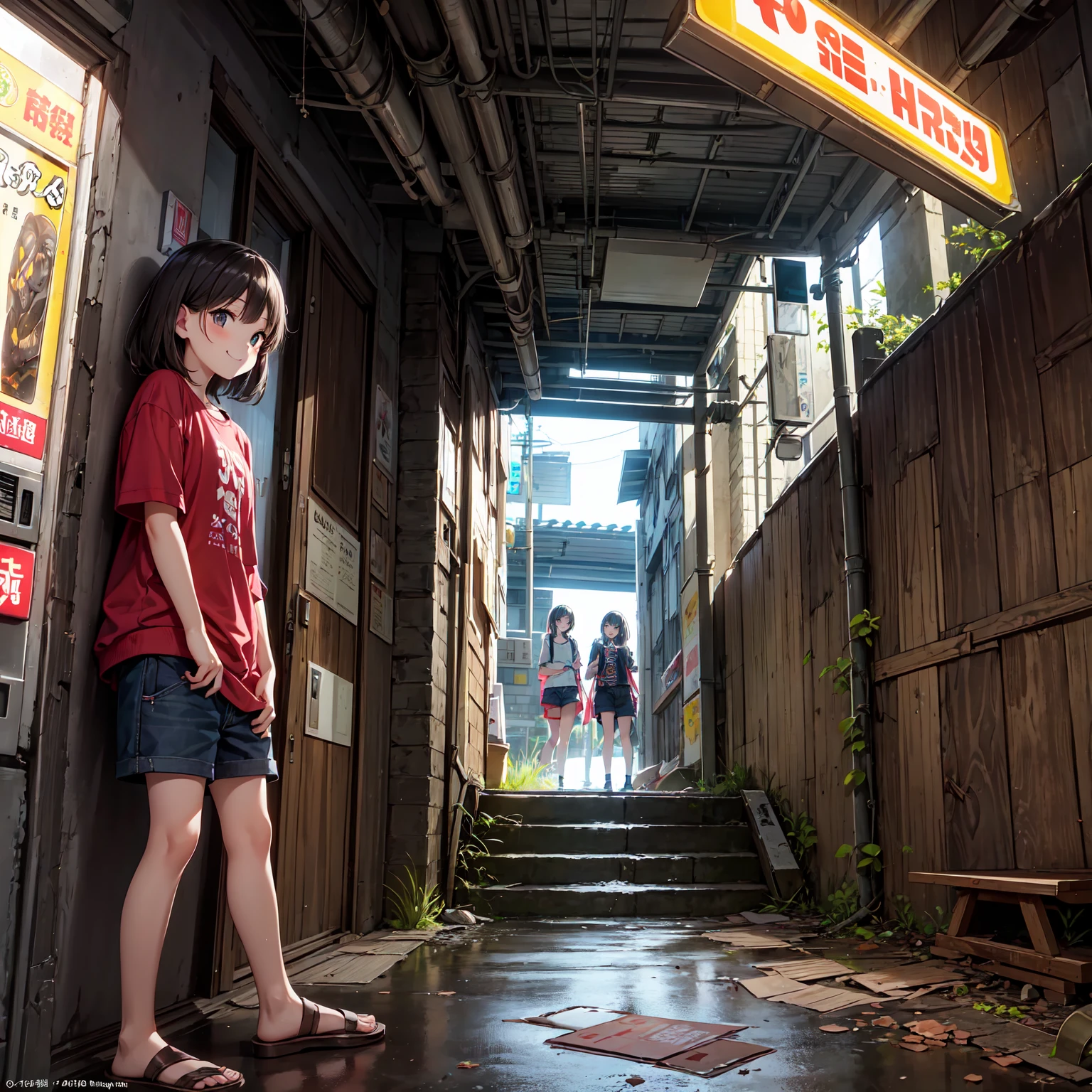 
(( masterpiece 、 top quality 、 Official Art 、 Unity 8   ｋ wallpaper))、 evening、  night  、((( 3 girls、two girls in summer clothes 、Detailed Faces、smile)))、(chimney、 Sexy Poses to Seduce Poor Environments 、 Old Building、neon signs、Conspicuous Standing Bars、On-the-road sales、 rusted vending machine、Accidental Tourist Facilities、Ruined Hot Springs 、Battleship Island、   Showa Retro:1.2)、(dirty、Bulky trash、Stairs to the basement、Mysterious Underpass )、( T-SHIRT:0.Short Pants and Long Pants:0.8)